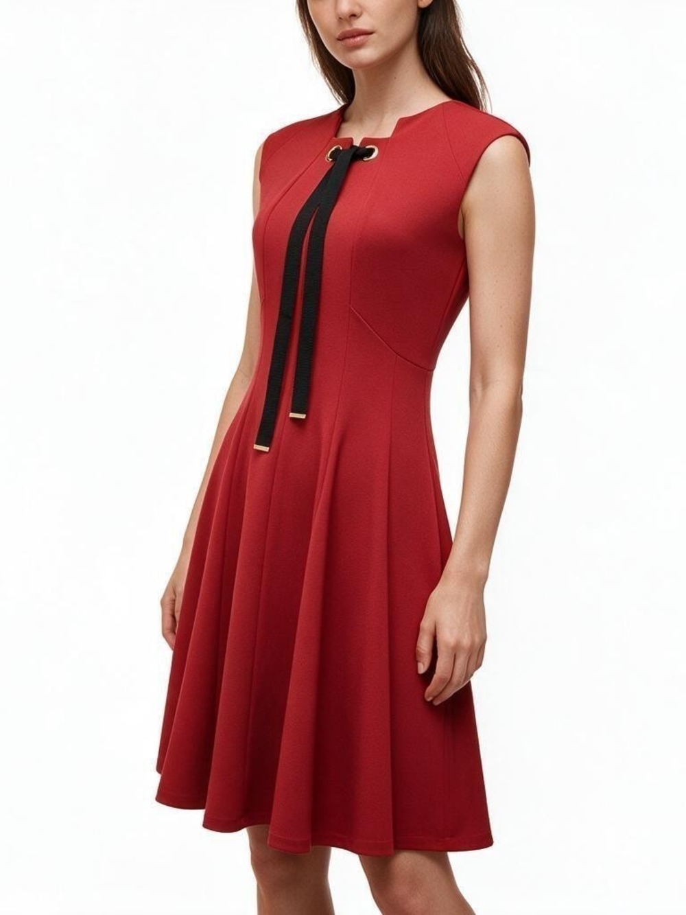 Karl Lagerfeld Red Sleeveless Midi Fit & Flare With Black Tie Dress Size 4